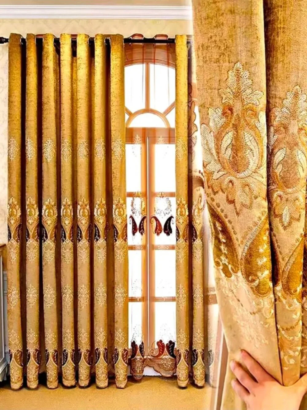 Luxury Embroidered Curtain Set 52x95” Teal Blue & Gold 3-Piece